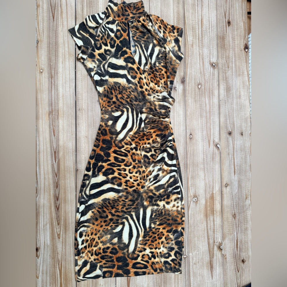 Cache Animal-Print Midi Dress in Brown, Black, Cream - Picture 1 of 5